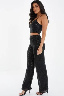 Black Sequin High Waist Palazzo Trousers -Outlet Clothyne Store 00100024443 XS