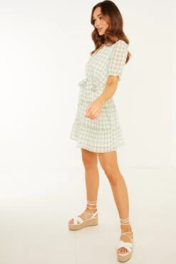 Sage Gingham Wrap Skater Dress -Outlet Clothyne Store 00100029429 XS