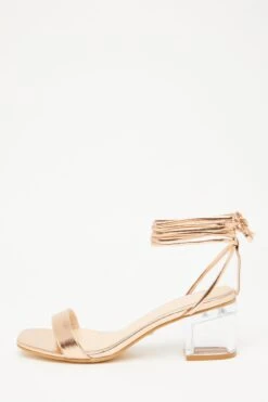 Rose Gold Clear Ankle Tie Low Heeled Sandals