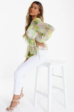 Yellow Floral Chiffon Peplum Top -Outlet Clothyne Store 00100034854 XS