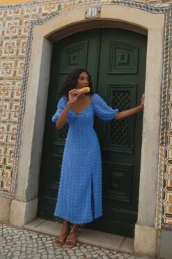 Blue Chiffon Polka Dot Midi Dress 11 Blue Chiffon Polka Dot Midi Dress -Outlet Clothyne Store 00100034897 XS