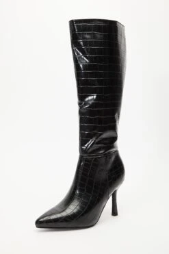 Black Crocodile Knee High Heeled Boots -Outlet Clothyne Store 00100035061 XB