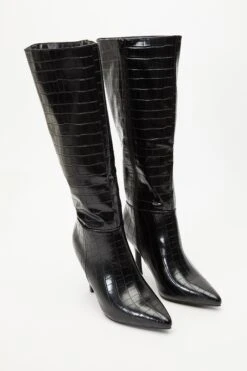 Black Crocodile Knee High Heeled Boots -Outlet Clothyne Store 00100035061 XS
