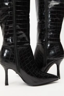 Black Crocodile Knee High Heeled Boots -Outlet Clothyne Store 00100035061 ZB