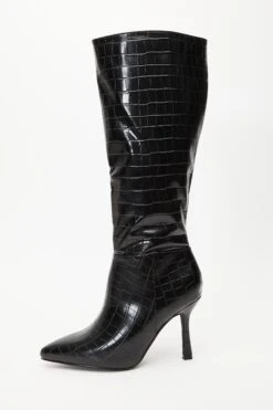 Black Crocodile Knee High Heeled Boots