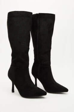Black Faux Suede Knee High Heeled Boots -Outlet Clothyne Store 00100035066 XS