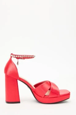 Red Satin Jewel Platform Heeled Sandals -Outlet Clothyne Store 00100035592 ZS