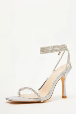 Silver Satin Clear Ankle Tie Heeled Sandals -Outlet Clothyne Store 00100035617 XB