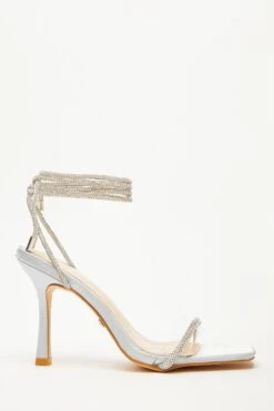 Silver Satin Clear Ankle Tie Heeled Sandals -Outlet Clothyne Store 00100035617 XM