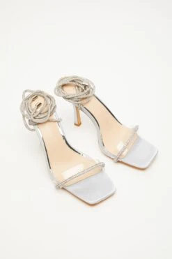 Silver Satin Clear Ankle Tie Heeled Sandals -Outlet Clothyne Store 00100035617 XS