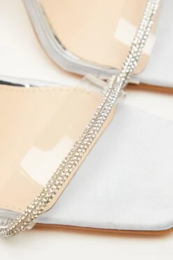 Silver Satin Clear Ankle Tie Heeled Sandals -Outlet Clothyne Store 00100035617 ZB