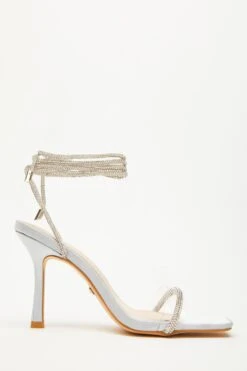 Silver Satin Clear Ankle Tie Heeled Sandals -Outlet Clothyne Store 00100035617 ZS