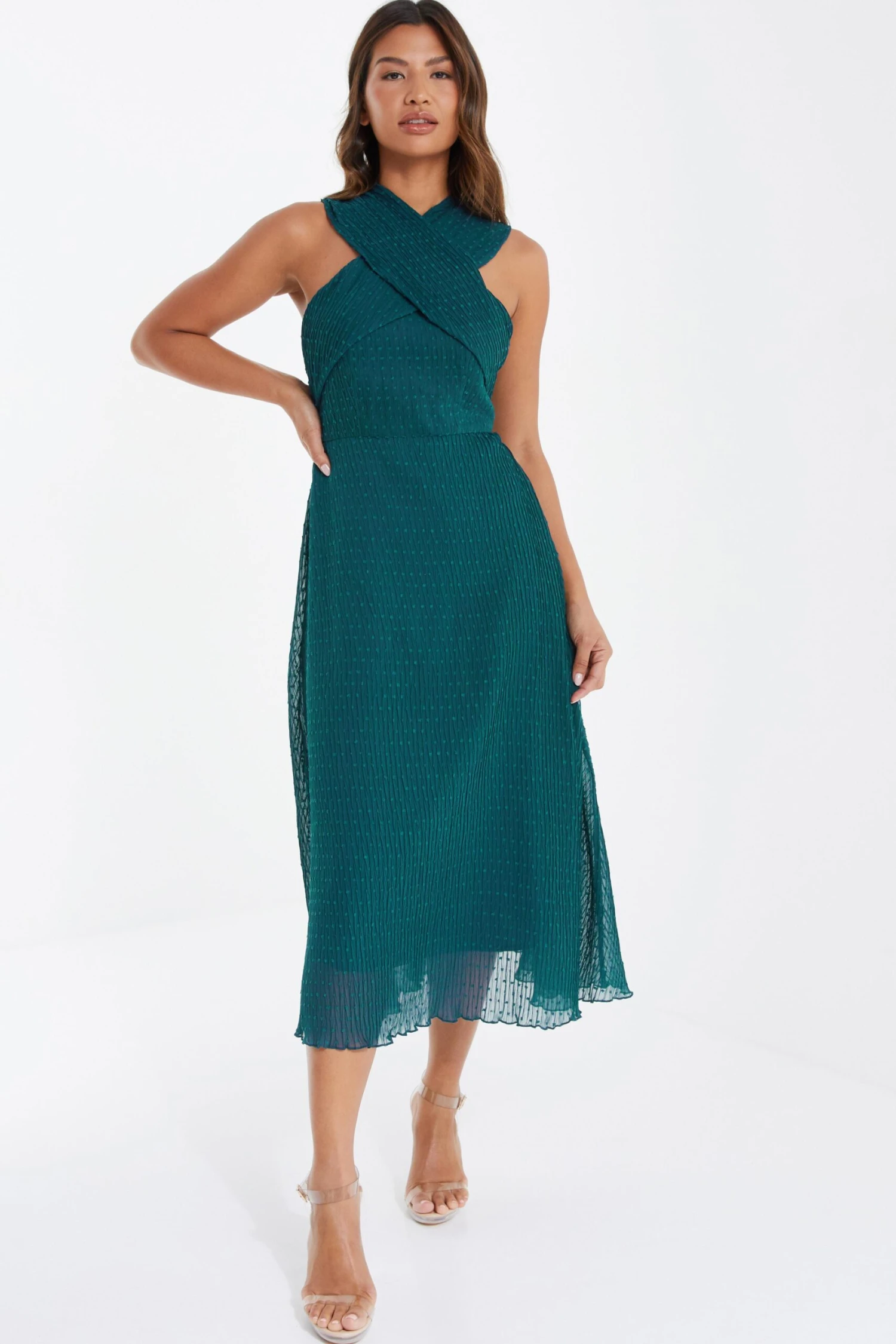 Teal Chiffon Crinkle Halter Neck Midi Dress 4 Teal Chiffon Crinkle Halter Neck Midi Dress - Image 2