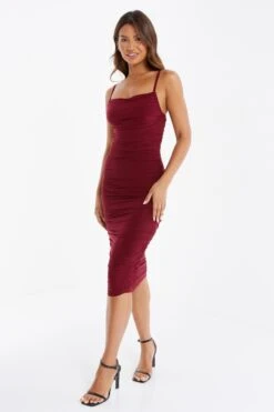 Wine Ruched Bodycon Midi Dress -Outlet Clothyne Store 00100035792 XS