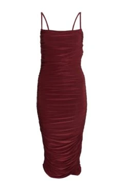 Wine Ruched Bodycon Midi Dress