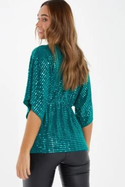 Teal Sequin Batwing Top -Outlet Clothyne Store 00100035804 XB