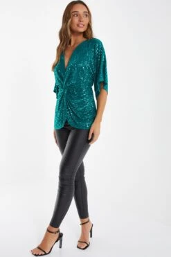 Teal Sequin Batwing Top -Outlet Clothyne Store 00100035804 XS