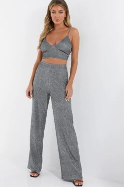 Silver Glitter Palazzo Trousers -Outlet Clothyne Store 00100035844 XM