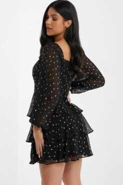 Black Chiffon Foil Tiered Mini Dress -Outlet Clothyne Store 00100035887 XB