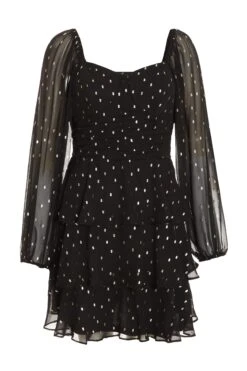 Black Chiffon Foil Tiered Mini Dress