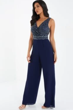 Navy Chiffon Embellished Palazzo Jumpsuit -Outlet Clothyne Store 00100035925 XS