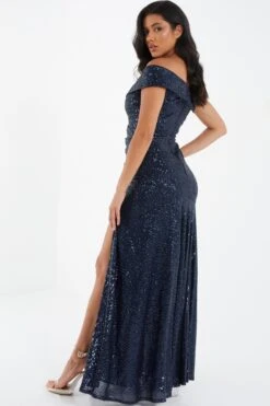 Navy Sequin Ruched Maxi Dress -Outlet Clothyne Store 00100035930 XB