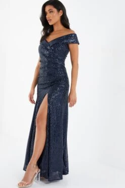 Navy Sequin Ruched Maxi Dress -Outlet Clothyne Store 00100035930 XS