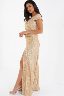 Gold Sequin Ruched Maxi Dress -Outlet Clothyne Store 00100035932 XS