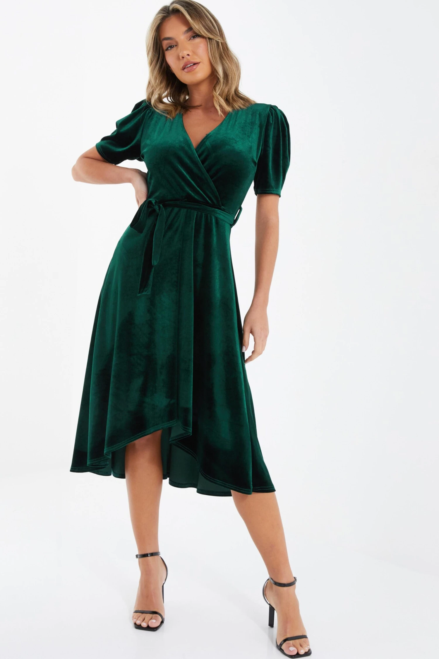 Bottle Green Velvet Wrap Midi Dress 4 Bottle Green Velvet Wrap Midi Dress - Image 2