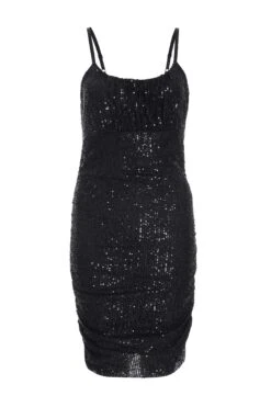 Black Sequin Ruched Bodycon Mini Dress