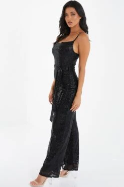Black Sequin Cowl Neck Palazzo Jumpsuit -Outlet Clothyne Store 00100036009 XS