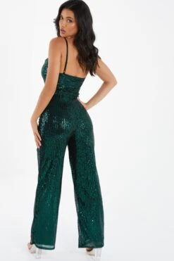 Bottle Green Sequin Cowl Neck Palazzo Jumpsuit -Outlet Clothyne Store 00100036010 XB