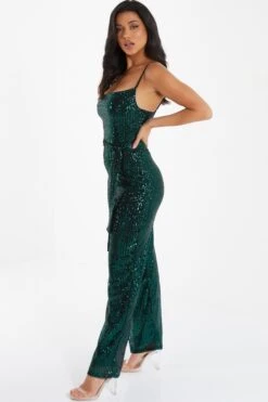 Bottle Green Sequin Cowl Neck Palazzo Jumpsuit -Outlet Clothyne Store 00100036010 XS