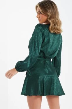 Bottle Green Satin Jacquard Floral Mini Dress -Outlet Clothyne Store 00100036024 XB