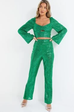 Green Sequin Palazzo Trousers -Outlet Clothyne Store 00100036166 XM