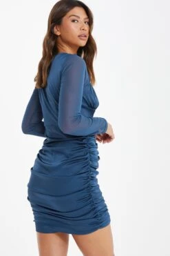 Blue Satin Ruched Mini Dress -Outlet Clothyne Store 00100036170 XB