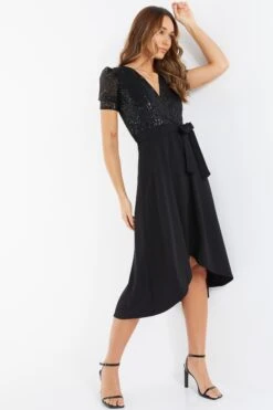 Black Sequin Wrap Dip Hem Midi Dress -Outlet Clothyne Store 00100036189 XS