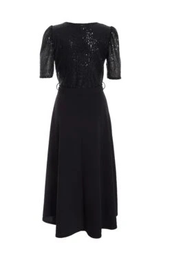 Black Sequin Wrap Dip Hem Midi Dress -Outlet Clothyne Store 00100036189 ZB