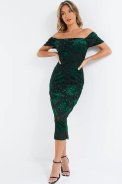 Bottle Green Velvet Floral Midi Dress -Outlet Clothyne Store 00100036201 XM