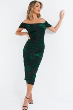 Bottle Green Velvet Floral Midi Dress -Outlet Clothyne Store 00100036201 XS