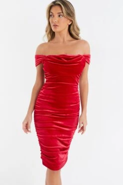 Red Velvet Bardot Midi Dress -Outlet Clothyne Store 00100036269 XM