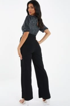 Grey Sequin Contrast Wrap Palazzo Jumpsuit -Outlet Clothyne Store 00100036284 XB