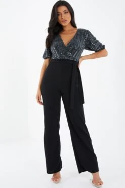 Grey Sequin Contrast Wrap Palazzo Jumpsuit -Outlet Clothyne Store 00100036284 XM