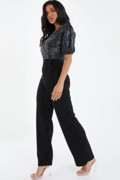 Grey Sequin Contrast Wrap Palazzo Jumpsuit -Outlet Clothyne Store 00100036284 XS
