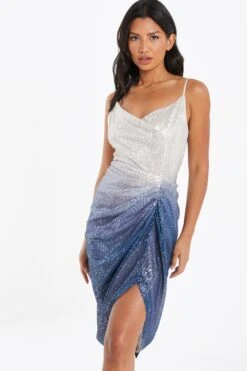 Silver Ombre Sequin Ruched Midi Dress -Outlet Clothyne Store 00100036416 XM