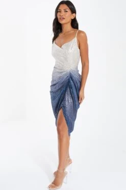 Silver Ombre Sequin Ruched Midi Dress -Outlet Clothyne Store 00100036416 XS