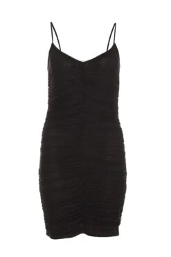 Black Glitter Ruched Bodycon Mini Dress