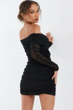 Black Bardot Glitter Ruched Bodycon Mini Dress -Outlet Clothyne Store 00100036425 XB