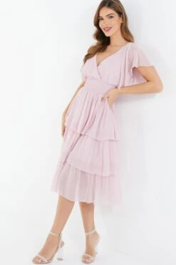 Pink Chiffon Tiered Midi Dress -Outlet Clothyne Store 00100036432 XS