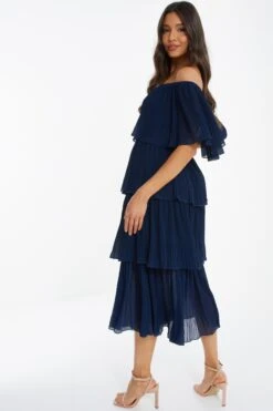 Navy Bardot Pleated Midaxi Dress -Outlet Clothyne Store 00100036451 XB